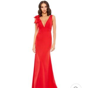 MAC DUGGAL Lipstick Red Sleeveless V Neck Mermaid Gown with Bow Detail-Size 8